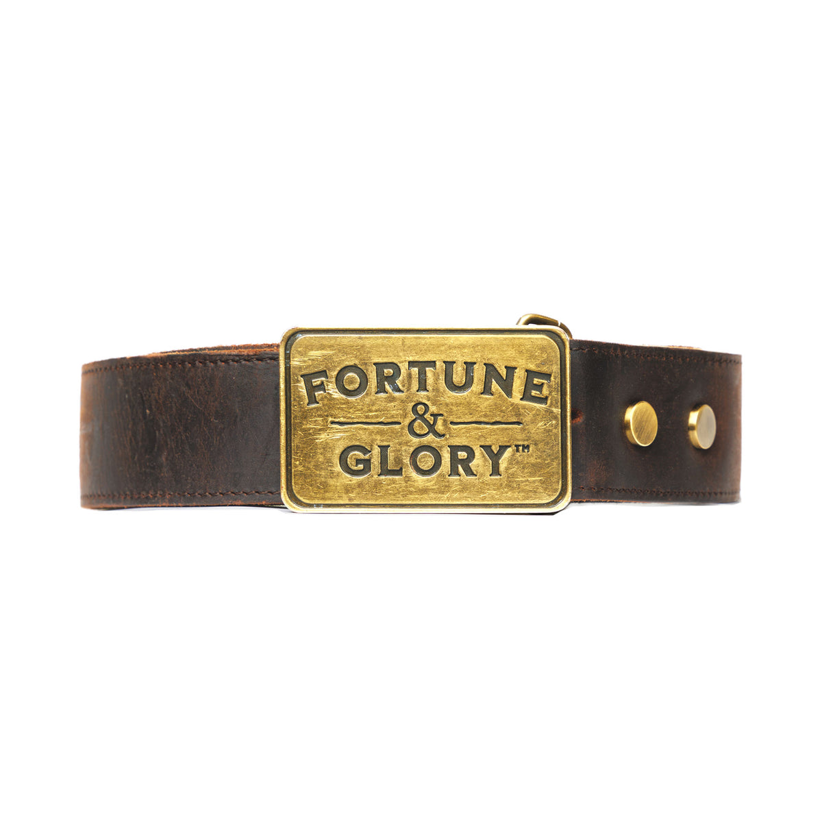 A dark brown leather belt with a large, rectangular, antique brass buckle engraved with 'FORTUNE & GLORY'.